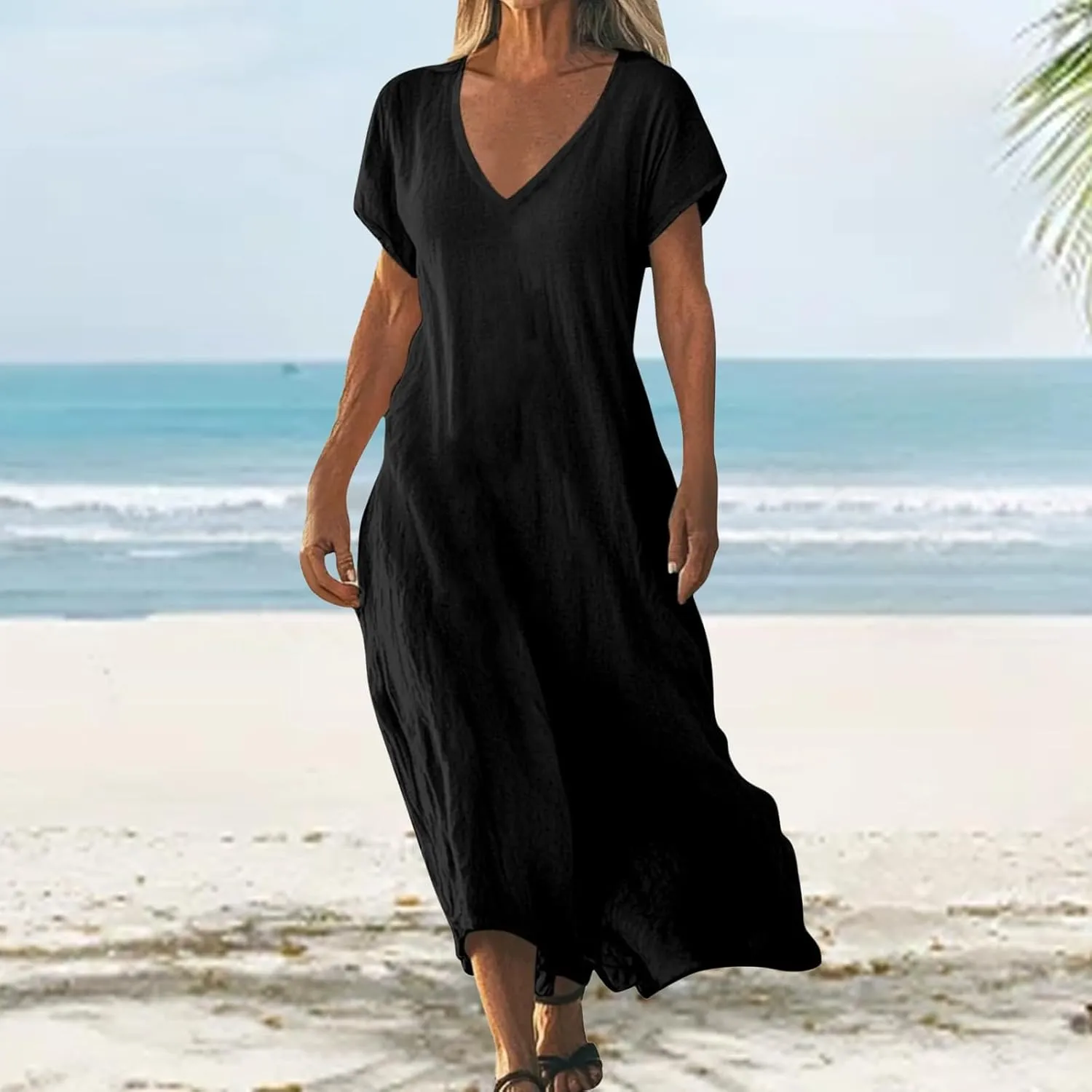 Casual Summer Dresses for Women Linen V Neck Maxi Dress Casual Short Sleeve Dresses Flowy Beach Vacation Sundress