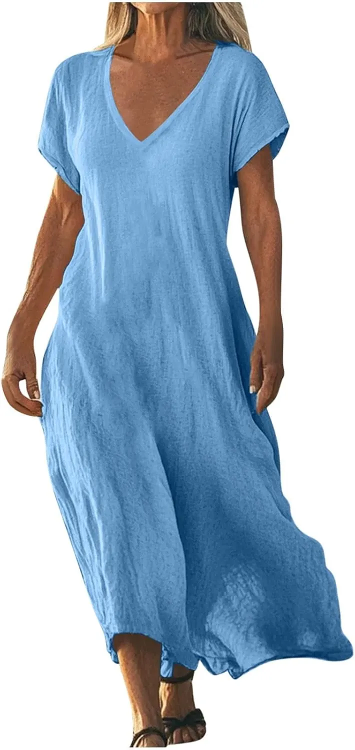 Casual Summer Dresses for Women Linen V Neck Maxi Dress Casual Short Sleeve Dresses Flowy Beach Vacation Sundress