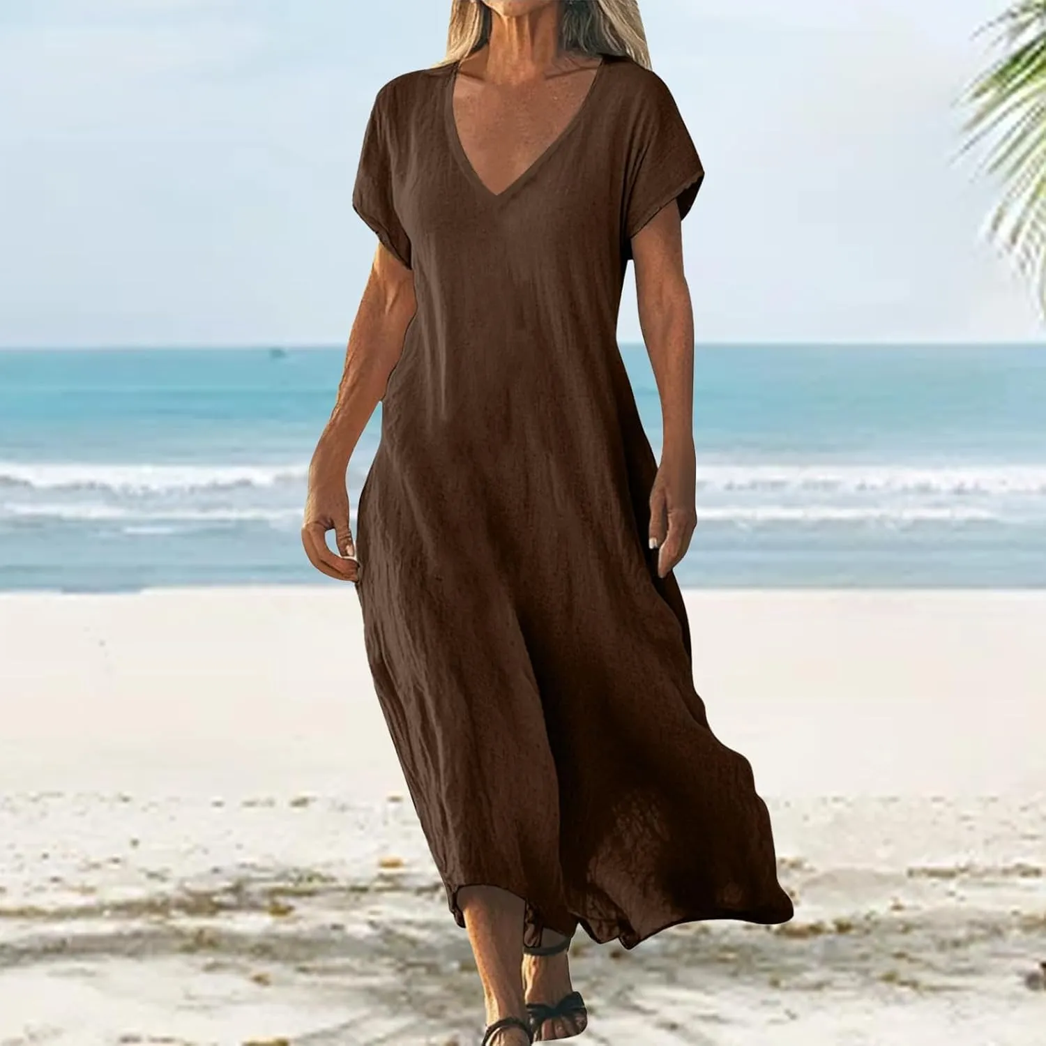 Casual Summer Dresses for Women Linen V Neck Maxi Dress Casual Short Sleeve Dresses Flowy Beach Vacation Sundress