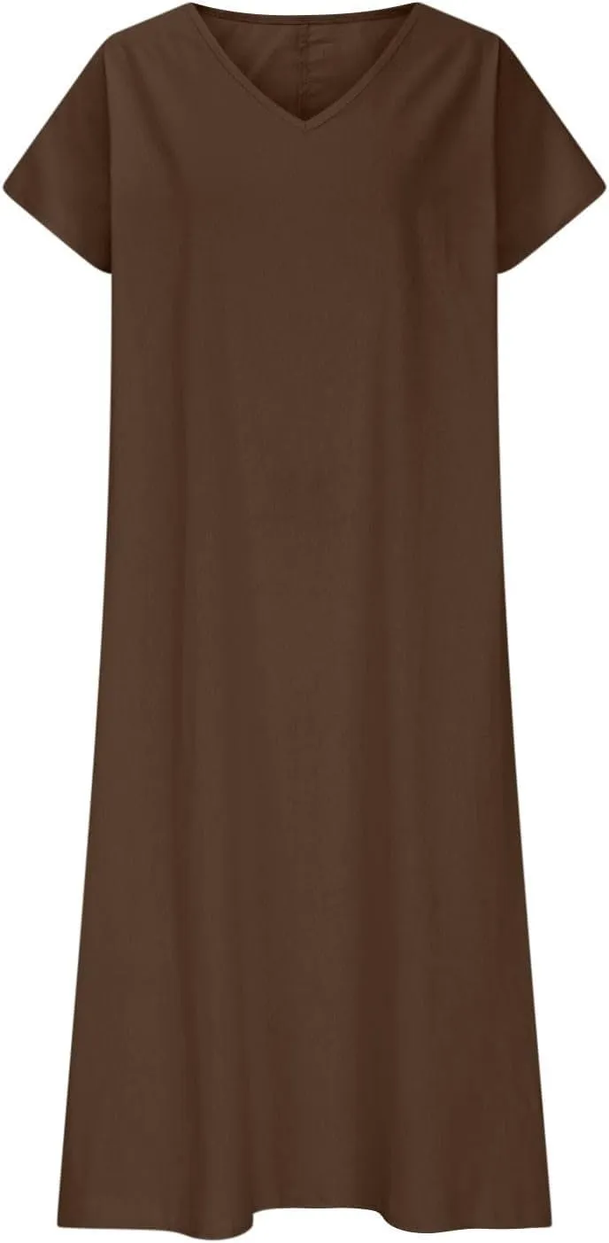 Casual Summer Dresses for Women Linen V Neck Maxi Dress Casual Short Sleeve Dresses Flowy Beach Vacation Sundress