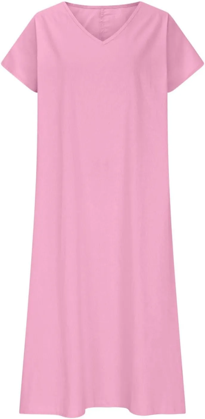 Casual Summer Dresses for Women Linen V Neck Maxi Dress Casual Short Sleeve Dresses Flowy Beach Vacation Sundress