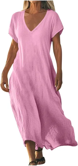 Casual Summer Dresses for Women Linen V Neck Maxi Dress Casual Short Sleeve Dresses Flowy Beach Vacation Sundress