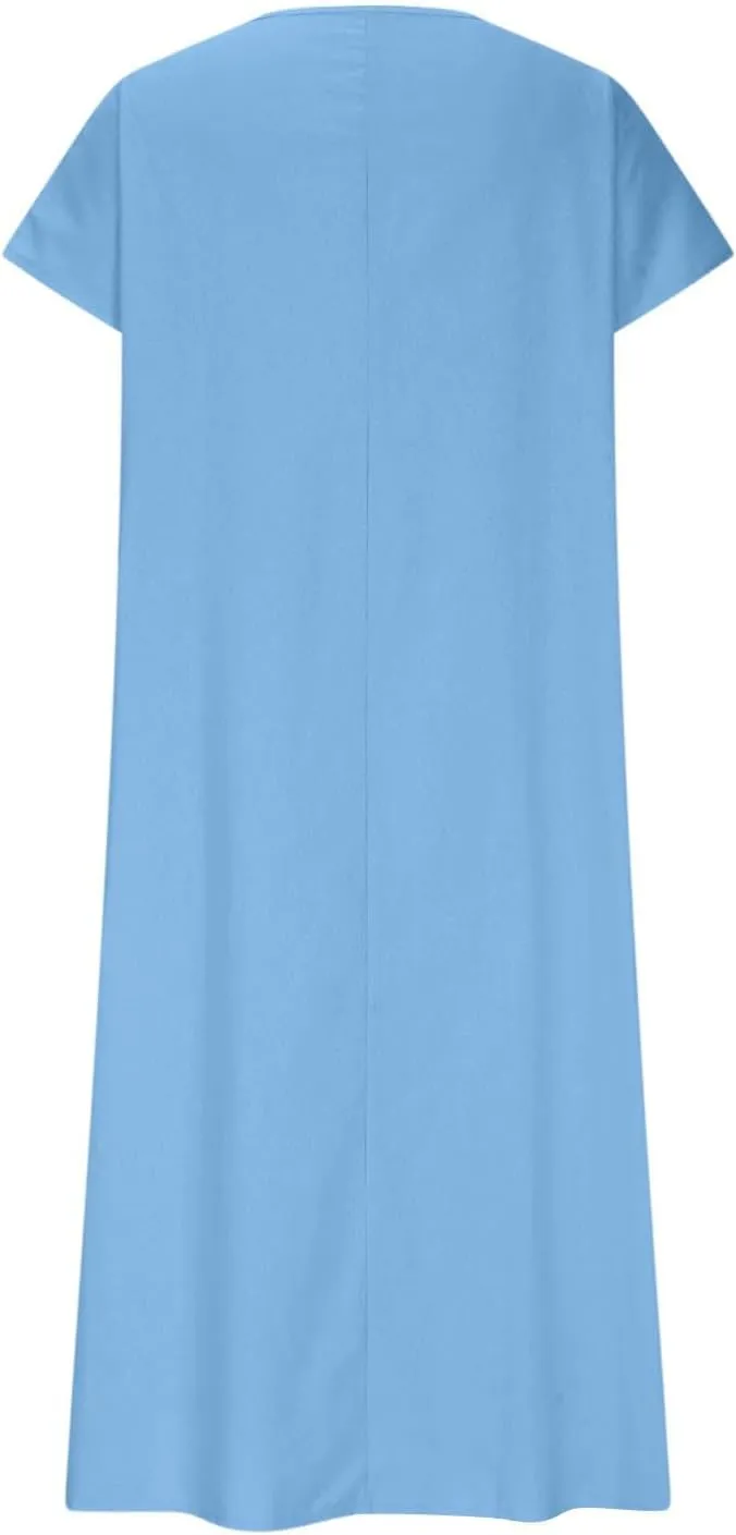 Casual Summer Dresses for Women Linen V Neck Maxi Dress Casual Short Sleeve Dresses Flowy Beach Vacation Sundress