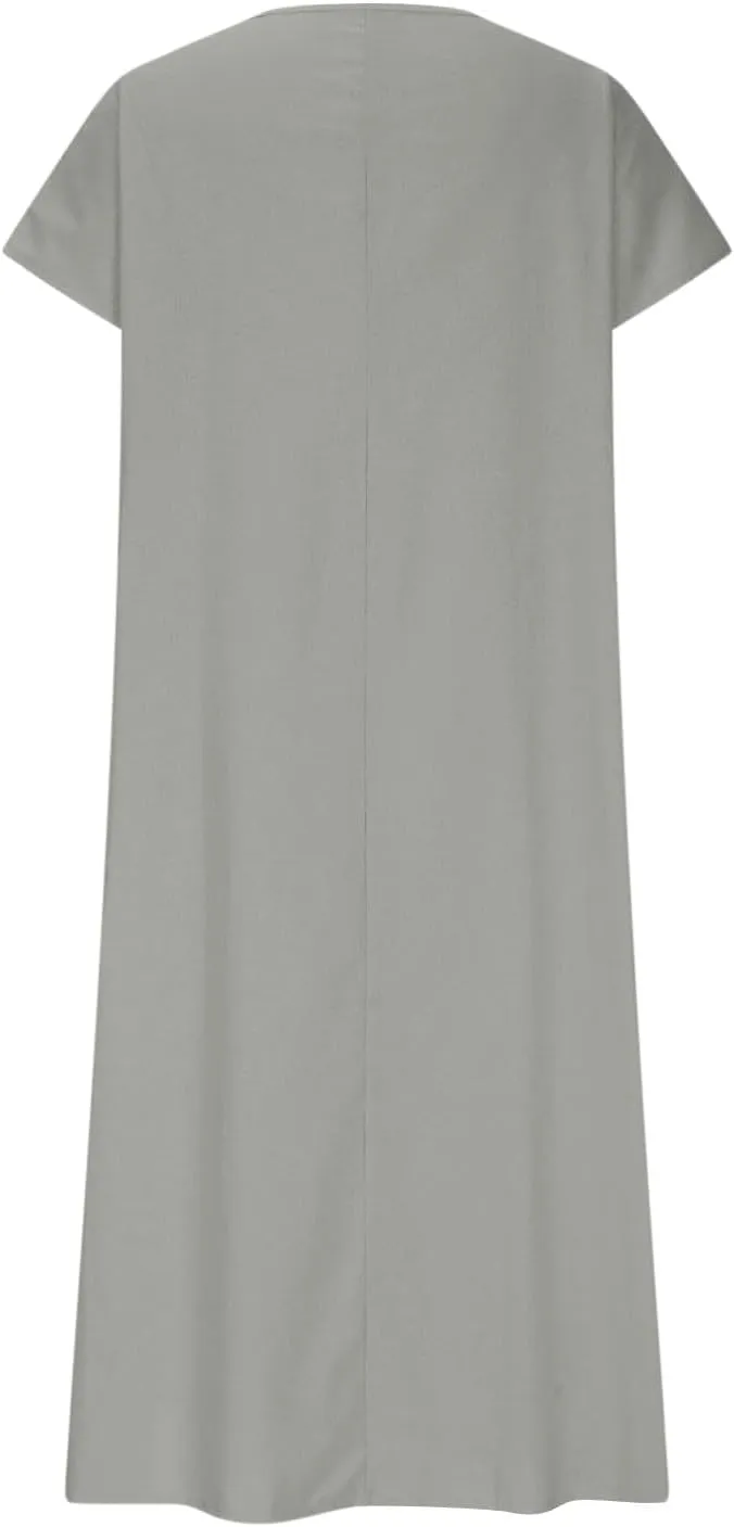 Casual Summer Dresses for Women Linen V Neck Maxi Dress Casual Short Sleeve Dresses Flowy Beach Vacation Sundress