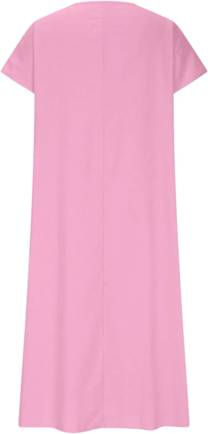 Casual Summer Dresses for Women Linen V Neck Maxi Dress Casual Short Sleeve Dresses Flowy Beach Vacation Sundress