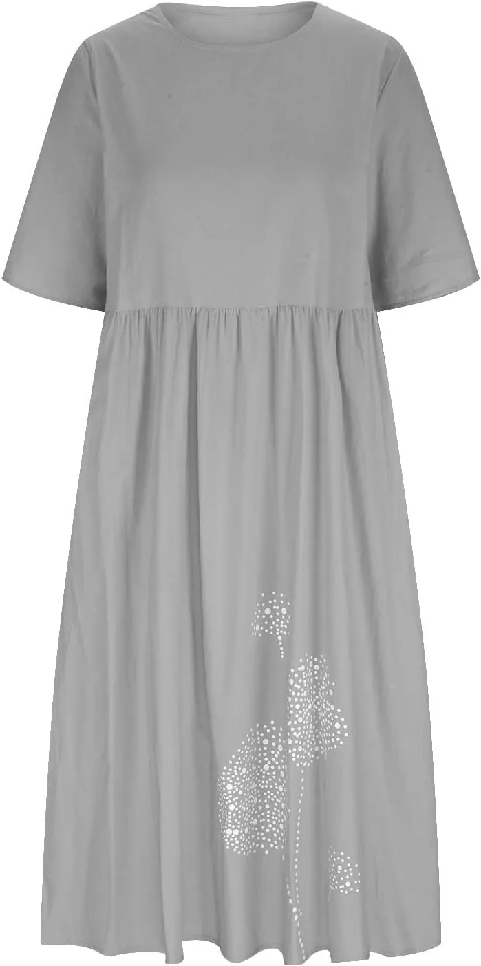 Ceboyel Women Cotton Linen Maxi Dress Dandelion Print Short Sleeve Dresses Boho Causal Summer Dress Cute Vacation Outfits