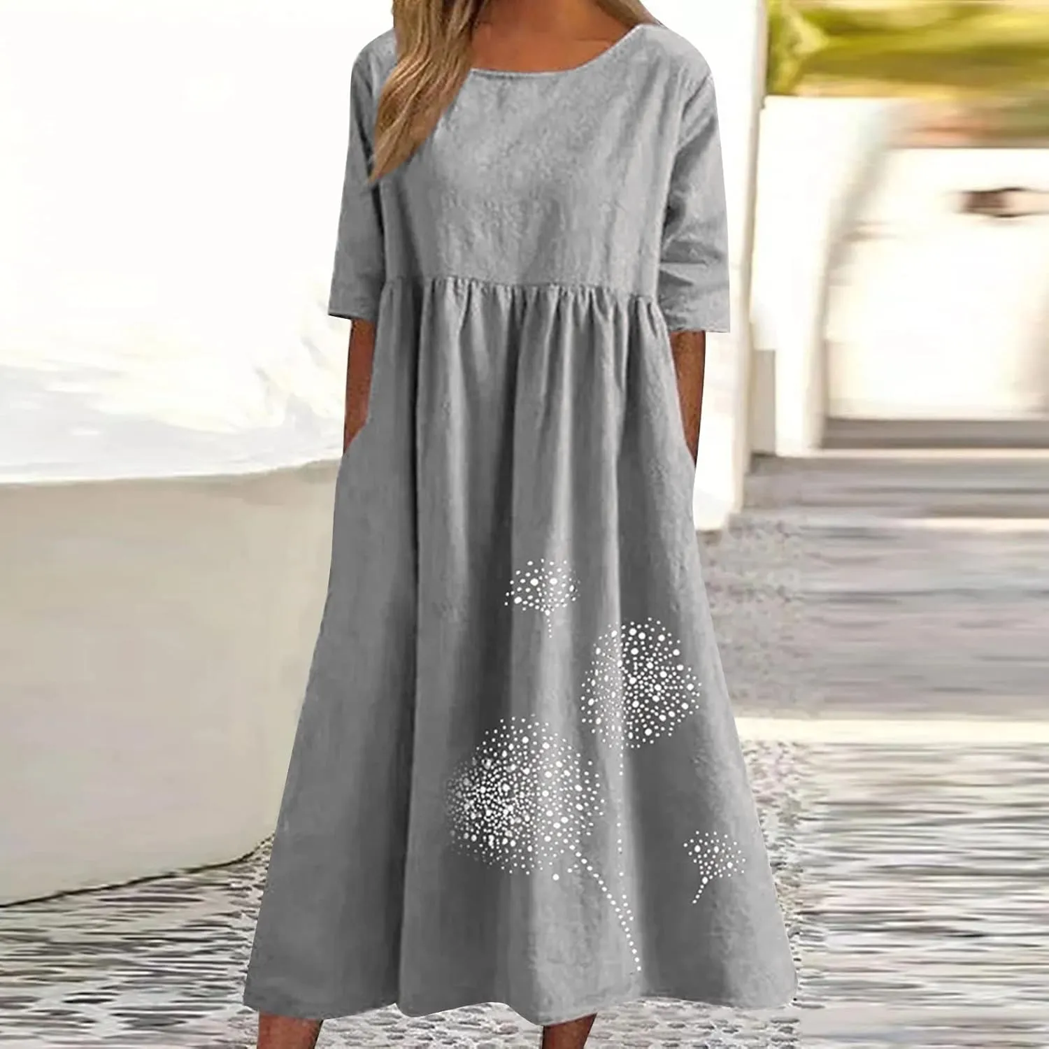 Ceboyel Women Cotton Linen Maxi Dress Dandelion Print Short Sleeve Dresses Boho Causal Summer Dress Cute Vacation Outfits