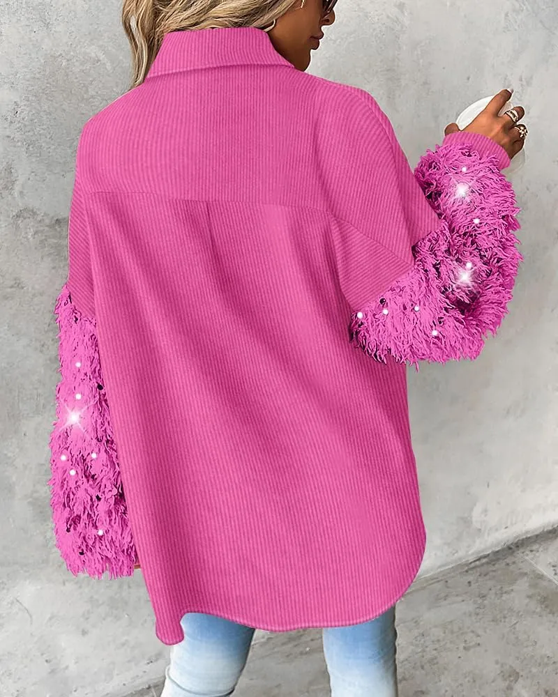 CHICME Women's Casual Oversized Button Down Corduroy Shirt Jacket Long Sleeve Shacket with Fringe