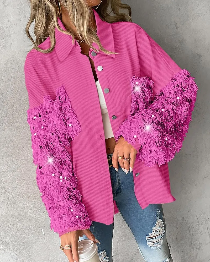 CHICME Women's Casual Oversized Button Down Corduroy Shirt Jacket Long Sleeve Shacket with Fringe
