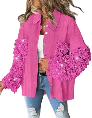 CHICME Women's Casual Oversized Button Down Corduroy Shirt Jacket Long Sleeve Shacket with Fringe