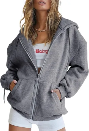 COOLMONAR Womens Zip Up Hoodies Long Sleeve Fall Hooded Sweatshirt Oversize Fleece Jacket With Pockets