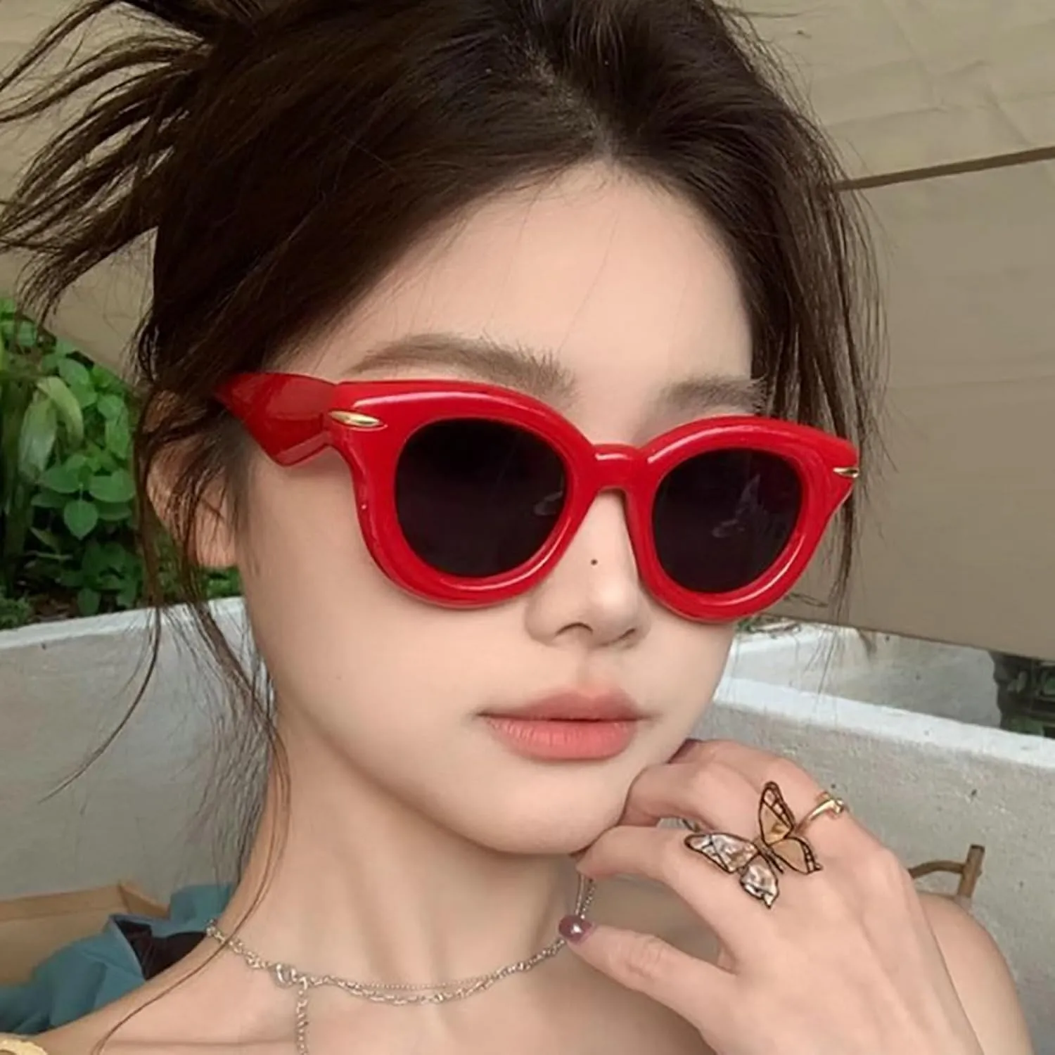 COTIA Round Cat Eye Sunglasses Cute Inflated for Women Men Punk Rivets Vintage Cateye Sun Glasses Eyewear W35