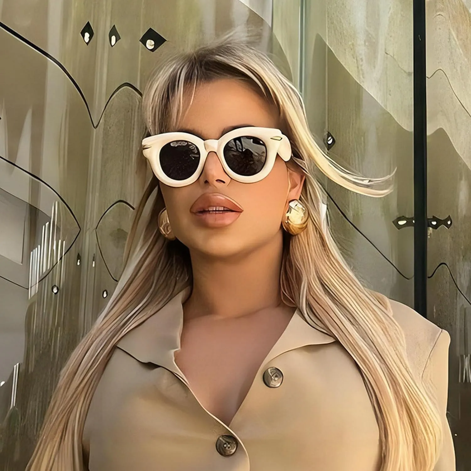 COTIA Round Cat Eye Sunglasses Cute Inflated for Women Men Punk Rivets Vintage Cateye Sun Glasses Eyewear W35