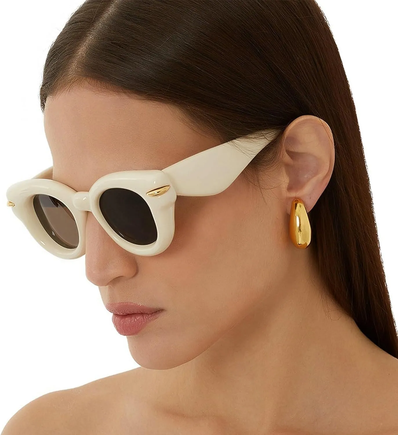 COTIA Round Cat Eye Sunglasses Cute Inflated for Women Men Punk Rivets Vintage Cateye Sun Glasses Eyewear W35