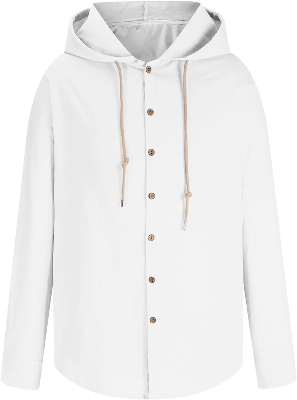Cotton Linen Button Down Shirts for Men Long Sleeve Drawstring Hooded Tops Casual Lightweight Hoodie Shirt
