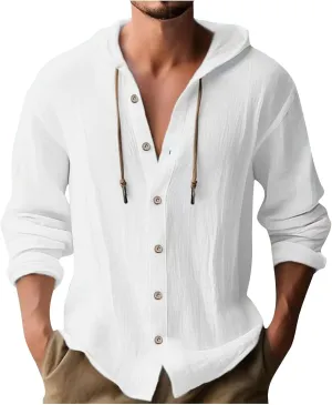 Cotton Linen Button Down Shirts for Men Long Sleeve Drawstring Hooded Tops Casual Lightweight Hoodie Shirt