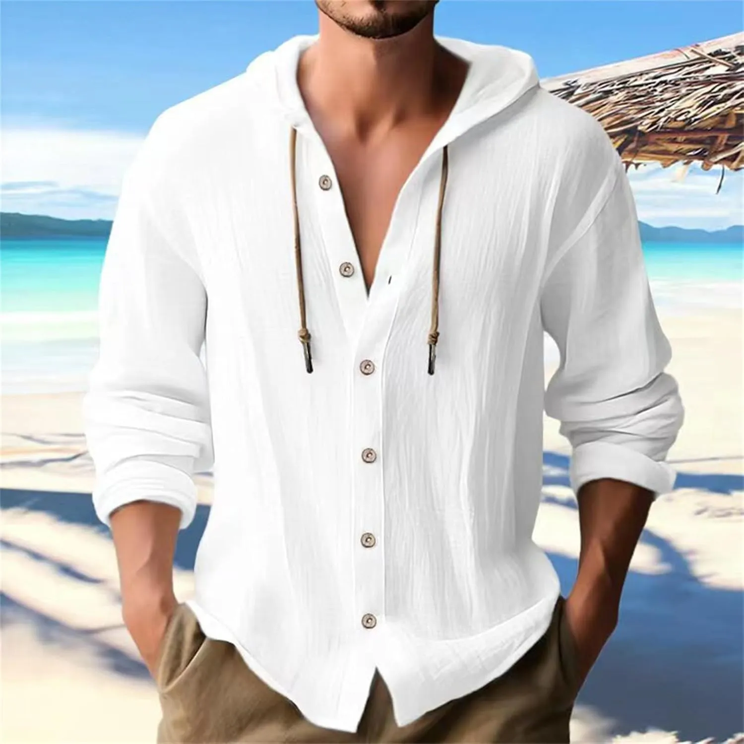 Cotton Linen Button Down Shirts for Men Long Sleeve Drawstring Hooded Tops Casual Lightweight Hoodie Shirt
