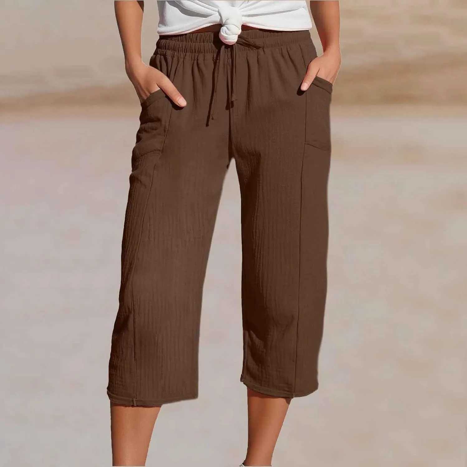 Cotton Linen Capri Pants for Women Casual Loose Straight Cropped Yoga Pants Elastic High Waisted Comfy Summer Trousers