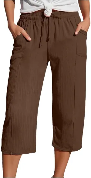 Cotton Linen Capri Pants for Women Casual Loose Straight Cropped Yoga Pants Elastic High Waisted Comfy Summer Trousers