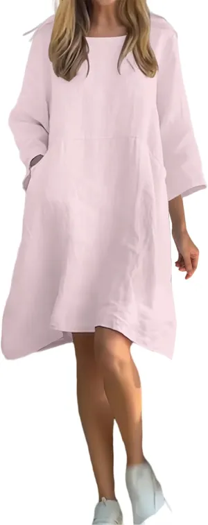 Cotton Linen Dress Women Long Sleeve Dresses Plus Size Summer Casual Maxi Dresses Flowy T Shirt Sundress with Pockets