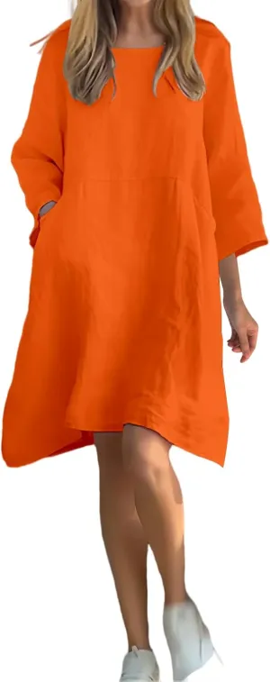 Cotton Linen Dress Women Long Sleeve Dresses Plus Size Summer Casual Maxi Dresses Flowy T Shirt Sundress with Pockets