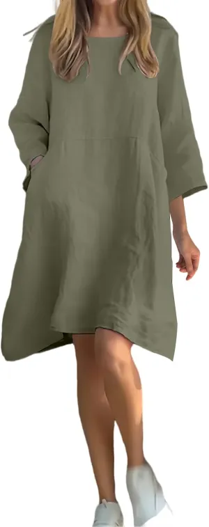 Cotton Linen Dress Women Long Sleeve Dresses Plus Size Summer Casual Maxi Dresses Flowy T Shirt Sundress with Pockets
