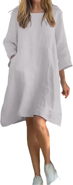 Cotton Linen Dress Women Long Sleeve Dresses Plus Size Summer Casual Maxi Dresses Flowy T Shirt Sundress with Pockets