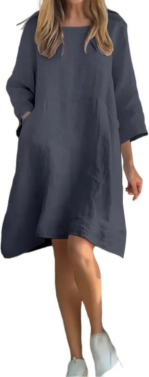 Cotton Linen Dress Women Long Sleeve Dresses Plus Size Summer Casual Maxi Dresses Flowy T Shirt Sundress with Pockets