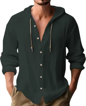 Cotton Linen Shirts for Men Long Sleeve Hooded Shirt Button Down Shirts Casual Breathable Summer Beach Hoodie Tops
