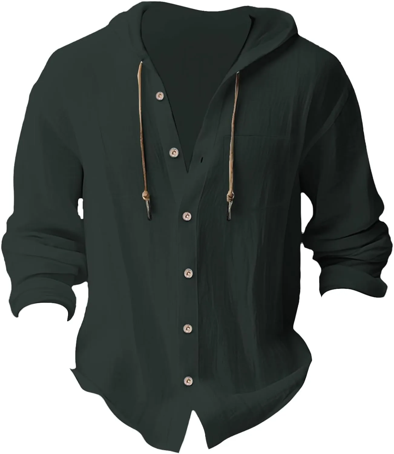 Cotton Linen Shirts for Men Long Sleeve Hooded Shirt Button Down Shirts Casual Breathable Summer Beach Hoodie Tops
