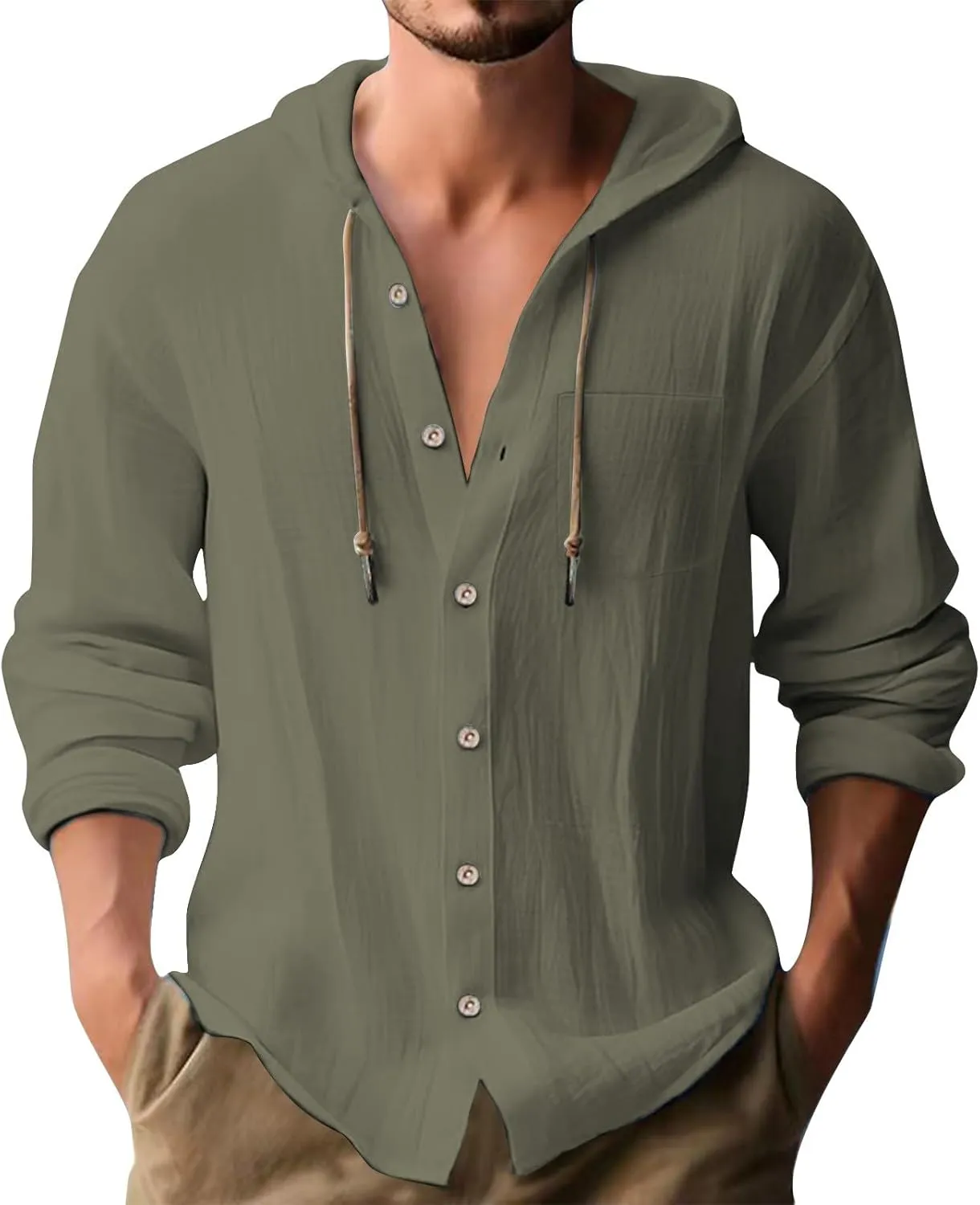 Cotton Linen Shirts for Men Long Sleeve Hooded Shirt Button Down Shirts Casual Breathable Summer Beach Hoodie Tops