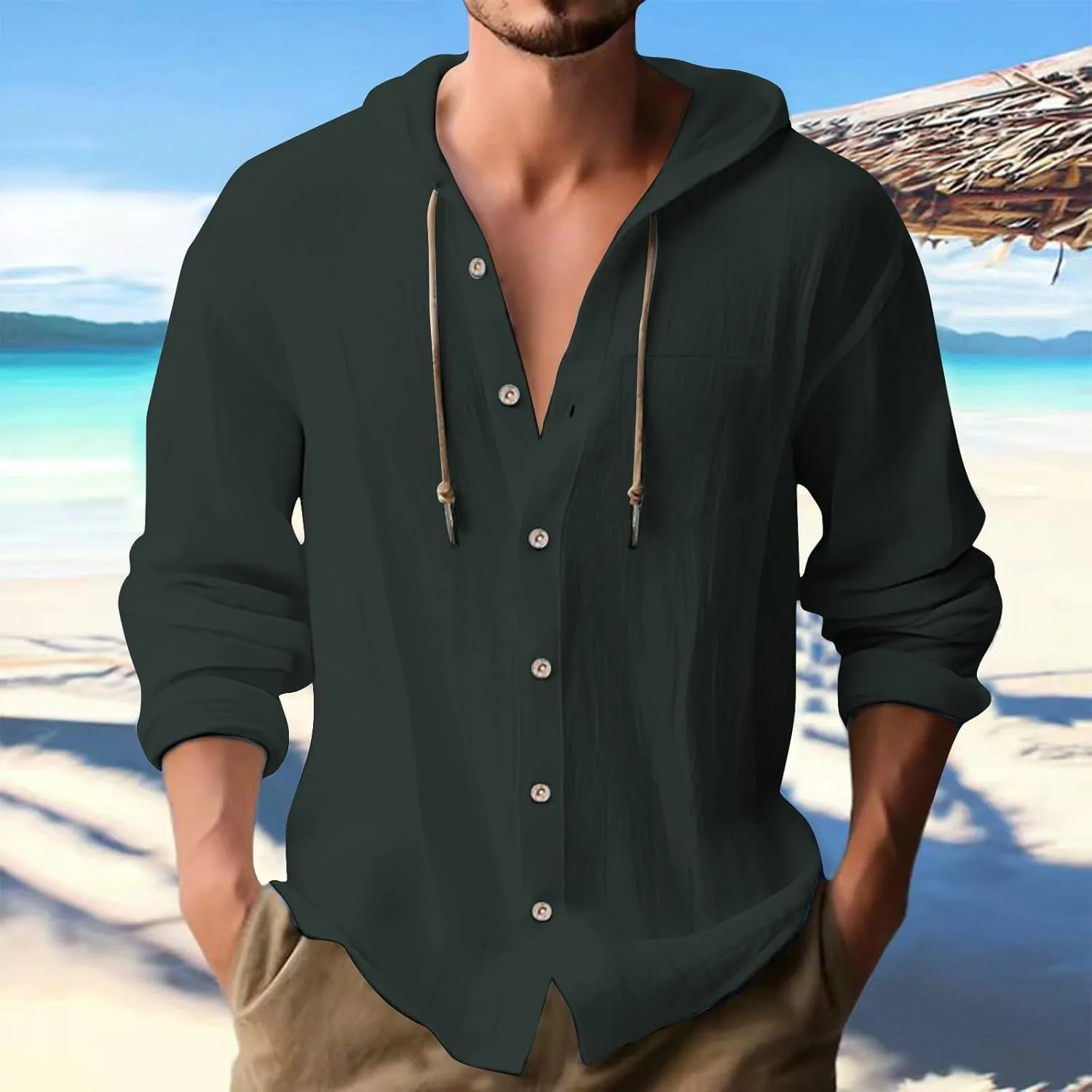 Cotton Linen Shirts for Men Long Sleeve Hooded Shirt Button Down Shirts Casual Breathable Summer Beach Hoodie Tops