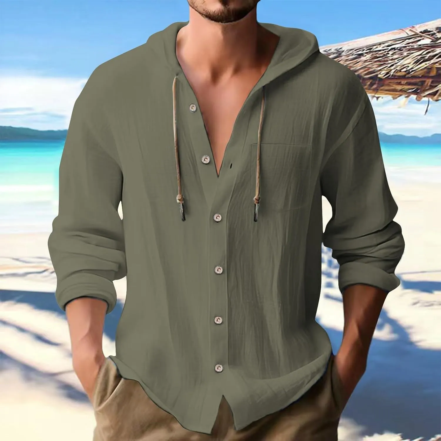 Cotton Linen Shirts for Men Long Sleeve Hooded Shirt Button Down Shirts Casual Breathable Summer Beach Hoodie Tops