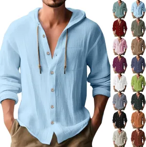 Cotton Linen Shirts for Men Long Sleeve Hooded Shirt Button Down Shirts Casual Breathable Summer Beach Hoodie Tops