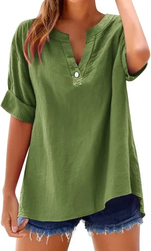 Cotton Linen Shirts for Women V Neck Button Down Blouse Loose Fit Oversized T Shirts Short Sleeve Casual Tops 2025