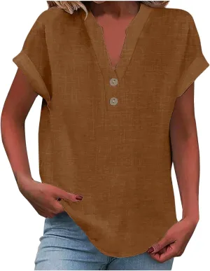Cotton Linen Shirts for Women V-Neck Button Up T-Shirt Short Sleeve Roll Up Loose Summer Casual Work Blouses Plus Size Tops