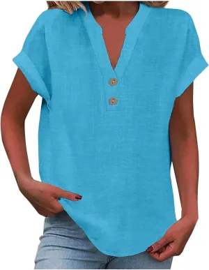 Cotton Linen Shirts for Women V-Neck Button Up T-Shirt Short Sleeve Roll Up Loose Summer Casual Work Blouses Plus Size Tops