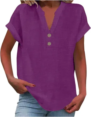 Cotton Linen Shirts for Women V-Neck Button Up T-Shirt Short Sleeve Roll Up Loose Summer Casual Work Blouses Plus Size Tops