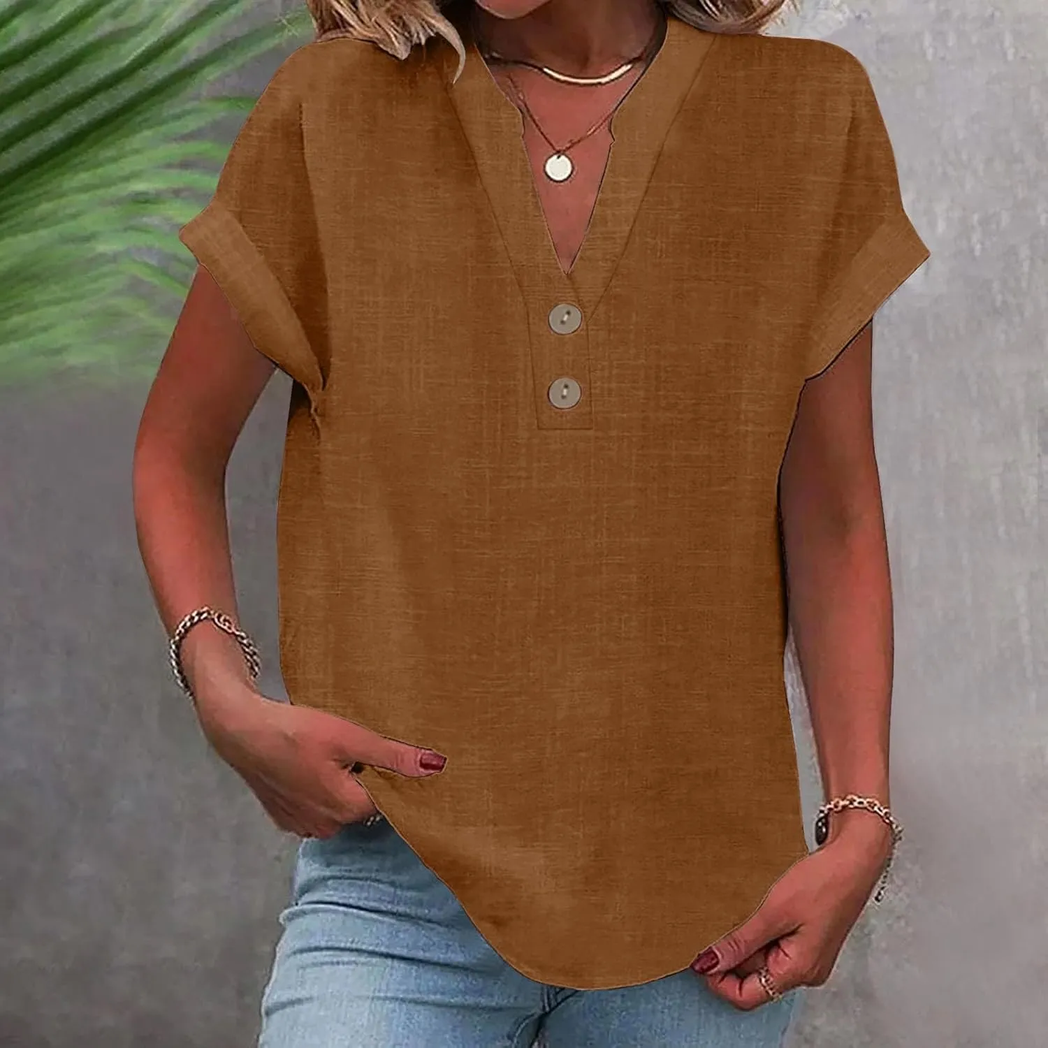 Cotton Linen Shirts for Women V-Neck Button Up T-Shirt Short Sleeve Roll Up Loose Summer Casual Work Blouses Plus Size Tops