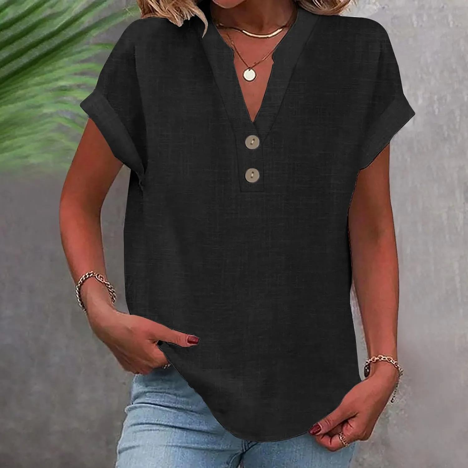 Cotton Linen Shirts for Women V-Neck Button Up T-Shirt Short Sleeve Roll Up Loose Summer Casual Work Blouses Plus Size Tops