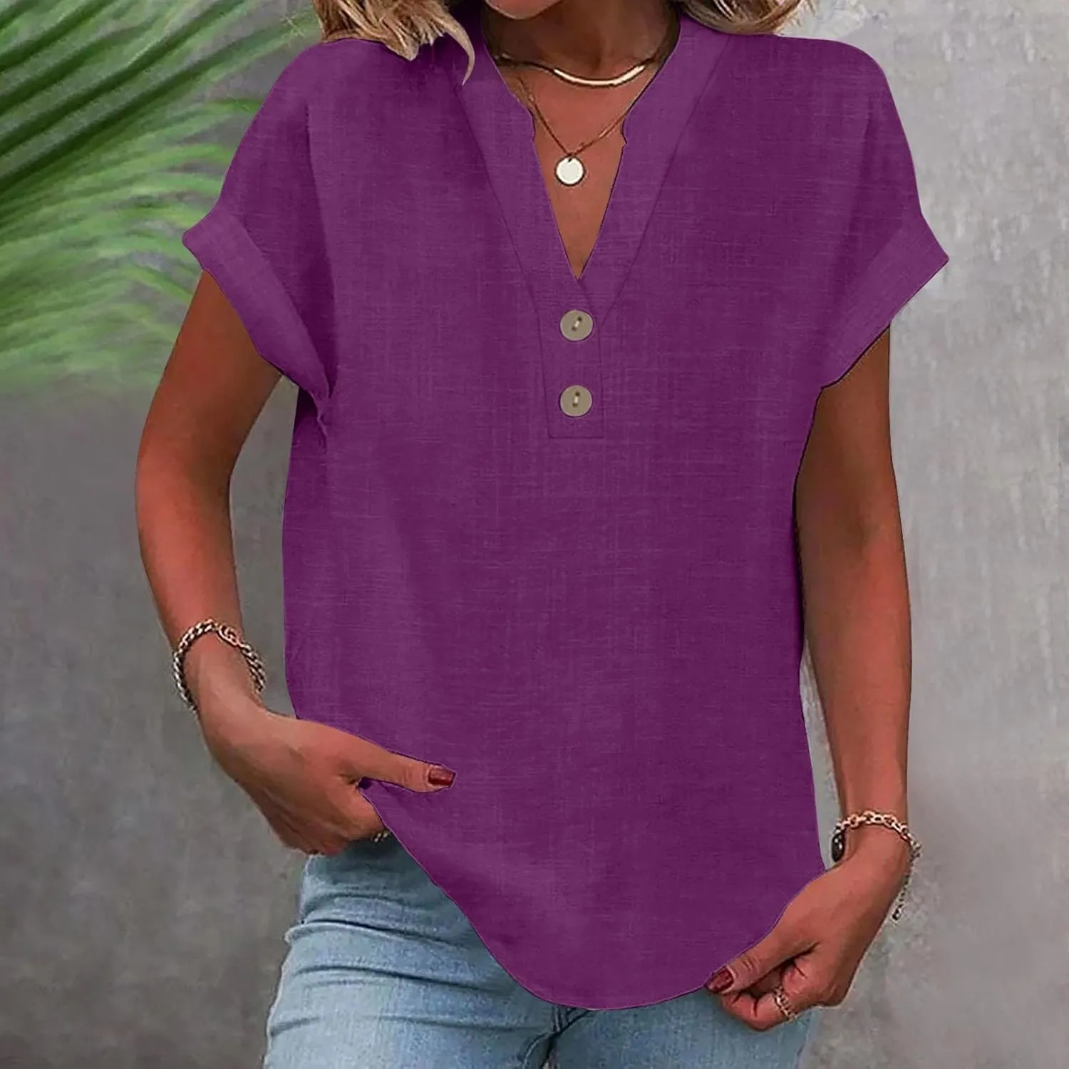 Cotton Linen Shirts for Women V-Neck Button Up T-Shirt Short Sleeve Roll Up Loose Summer Casual Work Blouses Plus Size Tops