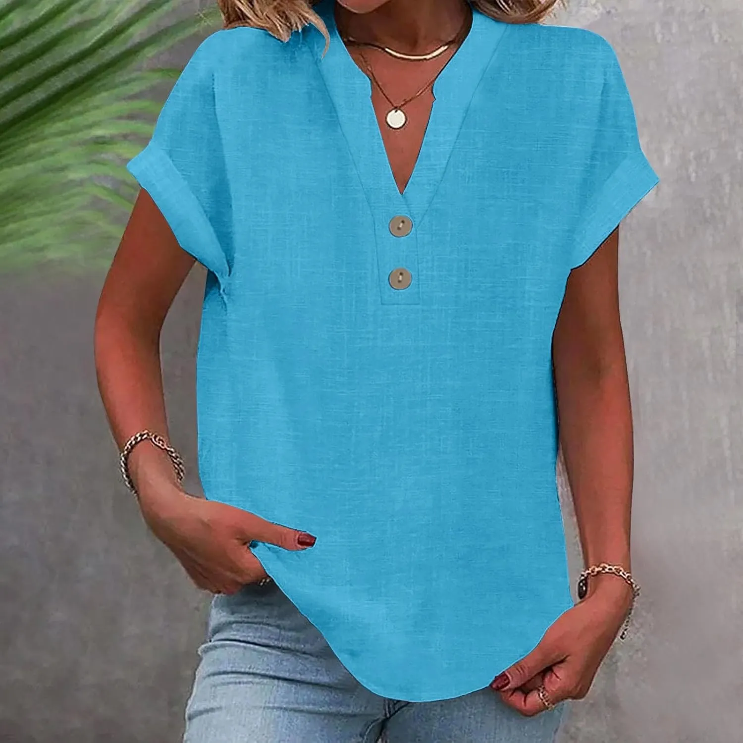 Cotton Linen Shirts for Women V-Neck Button Up T-Shirt Short Sleeve Roll Up Loose Summer Casual Work Blouses Plus Size Tops