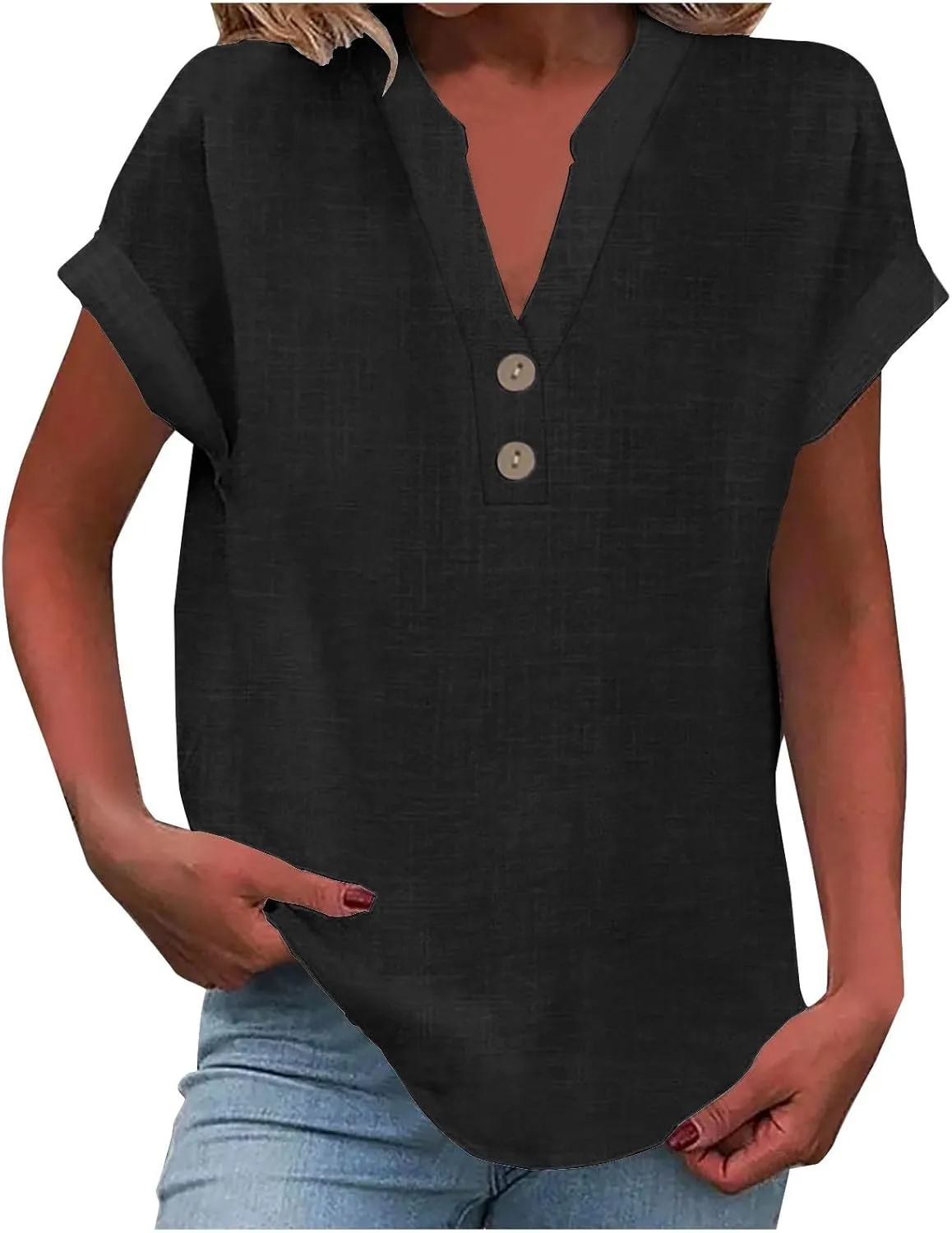Cotton Linen Shirts for Women V-Neck Button Up T-Shirt Short Sleeve Roll Up Loose Summer Casual Work Blouses Plus Size Tops