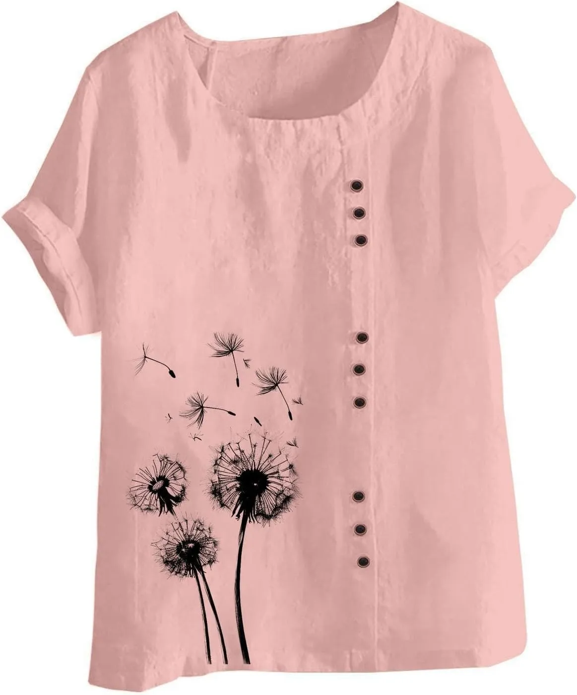 Cotton Linen Tops for Women Loose Fit Casual Roll Up Short Sleeve T-Shirt Cute Floral Print Boho Blouse 2025 Summer