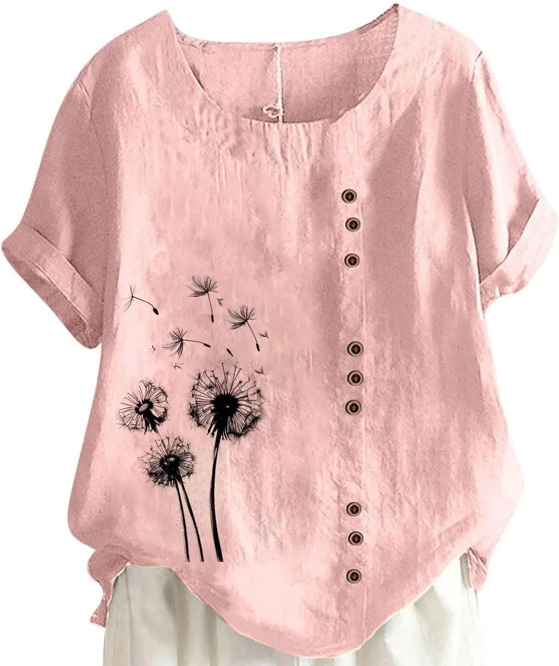Cotton Linen Tops for Women Loose Fit Casual Roll Up Short Sleeve T-Shirt Cute Floral Print Boho Blouse 2025 Summer
