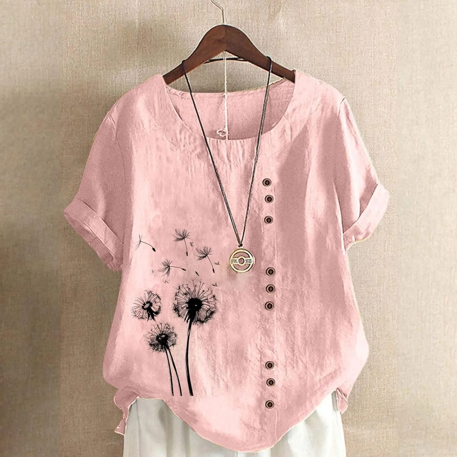 Cotton Linen Tops for Women Loose Fit Casual Roll Up Short Sleeve T-Shirt Cute Floral Print Boho Blouse 2025 Summer