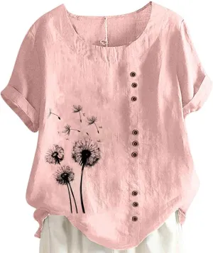 Cotton Linen Tops for Women Loose Fit Casual Roll Up Short Sleeve T-Shirt Cute Floral Print Boho Blouse 2025 Summer