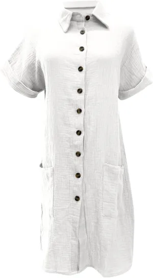 Cotton Midi Shirt Dress for Women Trendy Button Short Sleeve Dresses Solid Lapel Casual Dress Summer Travel Clothes