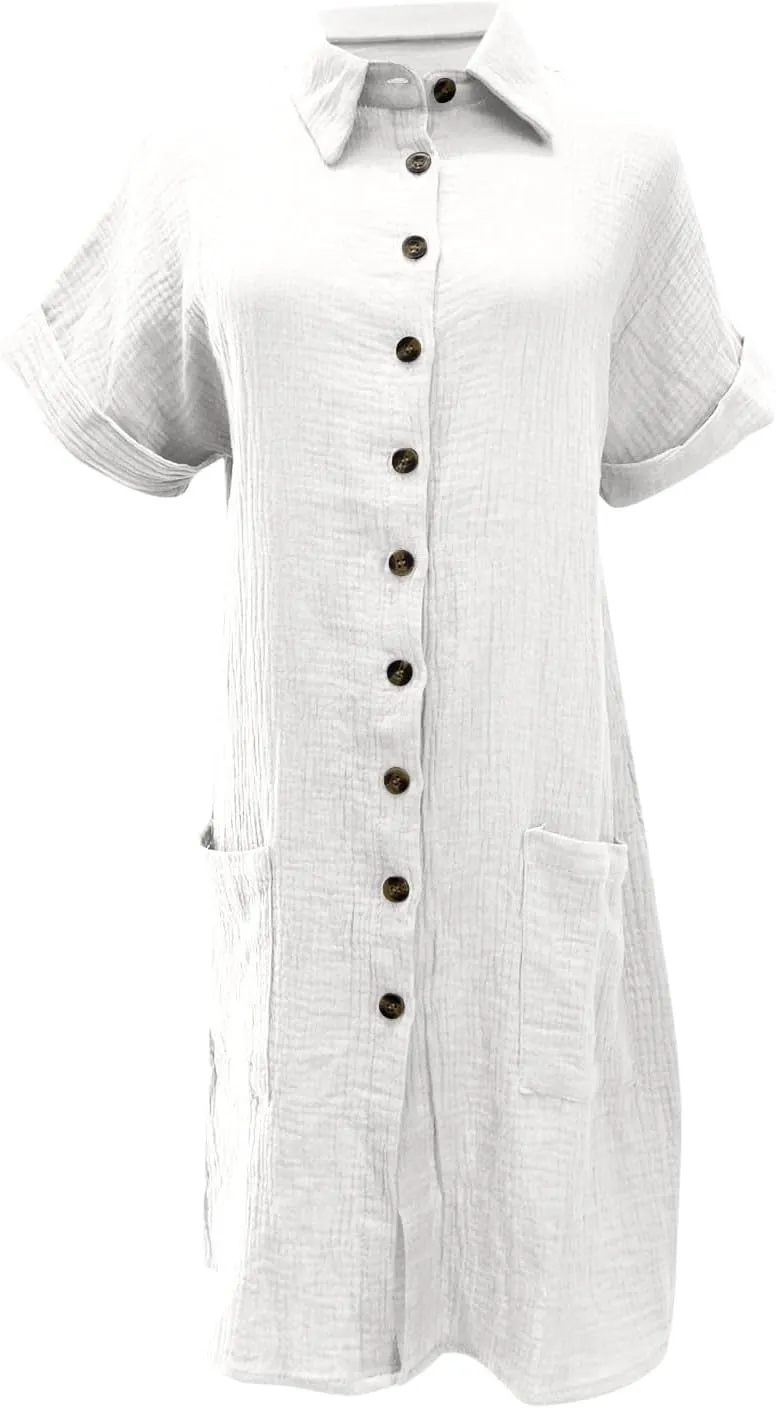 Cotton Midi Shirt Dress for Women Trendy Button Short Sleeve Dresses Solid Lapel Casual Dress Summer Travel Clothes