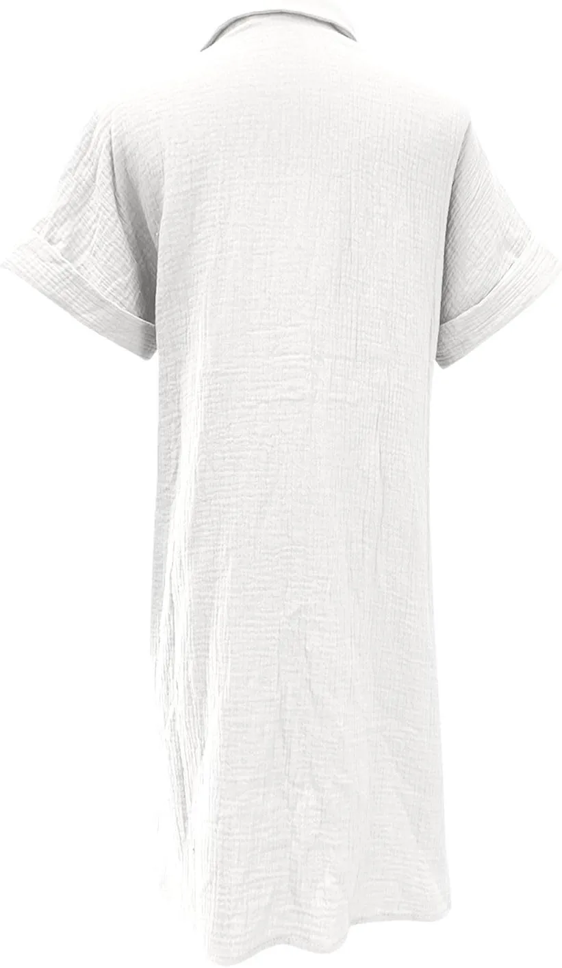 Cotton Midi Shirt Dress for Women Trendy Button Short Sleeve Dresses Solid Lapel Casual Dress Summer Travel Clothes